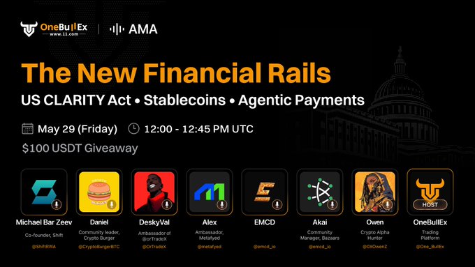 The image features a poster for an event related to cryptocurrency, specifically the New Financial Rails. The poster displays various logos and text, including one that reads "The New Financial Rail" and another that says "US CLARITY Act". There are also several images of people on the poster, possibly representing different cryptocurrencies or tokens. 

In addition to these visuals, there is a list of names displayed below the image, which could be the names of some winners from the event. The text in the image suggests that this event may have been organized by One BullEx and that it might be related to stablecoins and agentic payments.