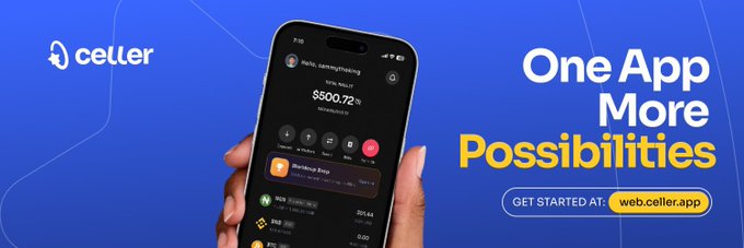 An advertisement for the Celler app features a hand holding a smartphone displaying a portfolio balance of $500.72, with the text 'One App More Possibilities' and 'GET STARTED AT: web.celler.app'.