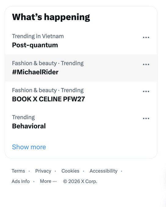 A screenshot of X's 'What's happening' trending sidebar shows topics including 'Post-quantum' trending in Vietnam, '#MichaelRider', 'BOOK X CELINE PFW27', and 'Behavioral'.