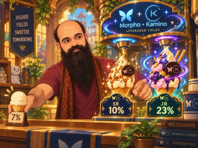 An illustration depicts a bearded man holding a small vanilla ice cream cone labeled '7%', next to two glowing, elaborate ice cream sundaes labeled 'SR 10%' and 'JR 23%' under a 'Morpho + Kamino LEVERAGED YIELDS' sign with the text 'HIGHER YIELDS SWEETER TOMORROWS'.
