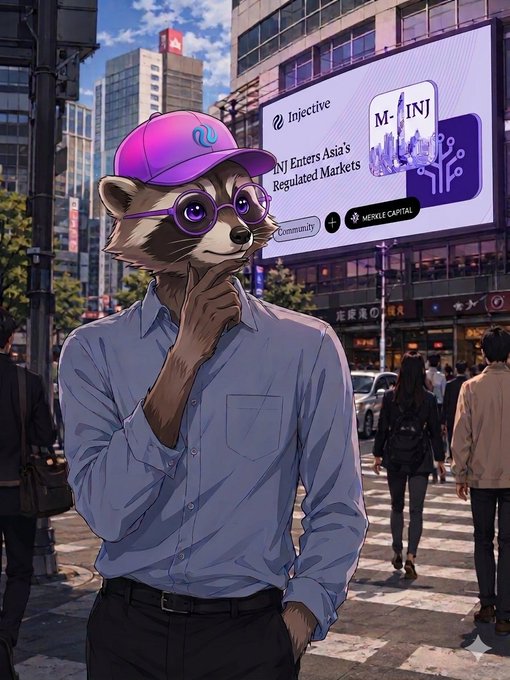 The image features a cartoon raccoon wearing glasses and a purple baseball cap standing on a city street with buildings behind him. The raccoon appears to be thinking or pondering something, as indicated by his hand resting on his chin. In the background, there is a billboard advertising a regulated investment product called M-INJ (Marketplace International Network).