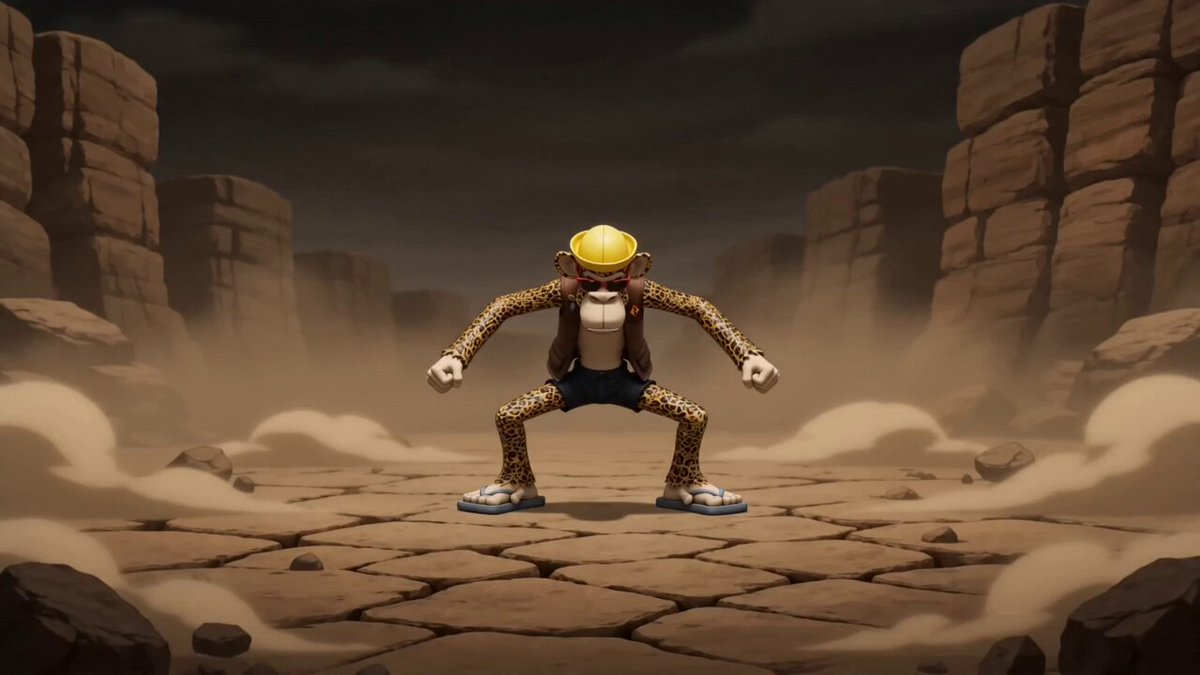 The image features a cartoon character, possibly an ape or a monkey, standing on a rocky surface with its arms outstretched as if ready for action. The character appears to be wearing a helmet and has a backpack on. The background of the image is dark and filled with rocks, giving it a rugged appearance. The caption "Bored Ape Yacht Club" suggests that this cartoon character might be part of an animated series or movie called "Bored Ape Yacht Club".