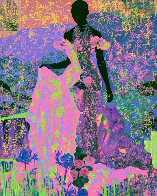 A vibrant, psychedelic digital artwork featuring a silhouetted figure in a flowing dress against a neon pink, purple, and green background with floral motifs.