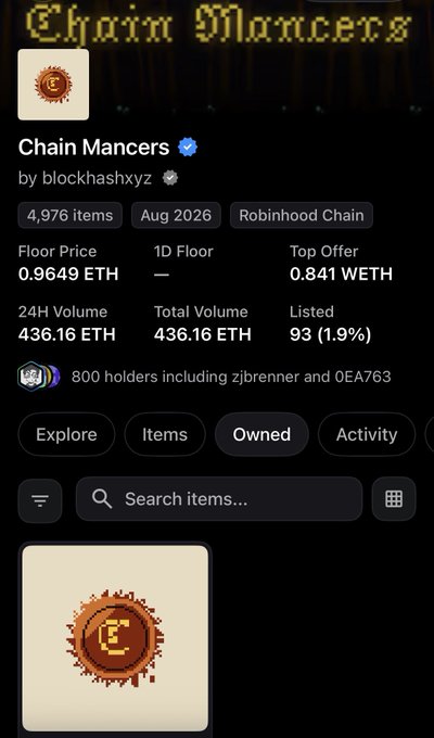 Screenshot of the OpenSea NFT collection 'Chain Mancers' by blockchainxyz on Robinhood Chain, showing a floor price of 0.9649 ETH.