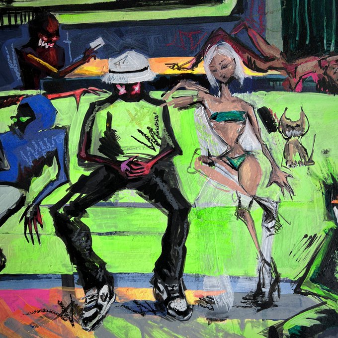 A stylized digital illustration shows a figure in a white bucket hat with "SWIM" printed on it and a woman in a green bikini lounging on a neon green couch, surrounded by abstract creatures and graffiti-like backgrounds, evoking the gritty, provocative aesthetic often shared in NFT and crypto "gm" (good morning) posts.