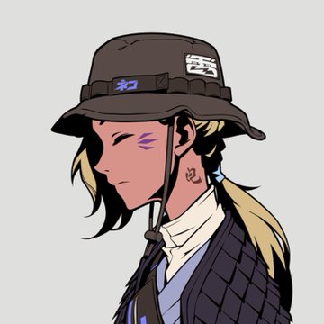 A digital illustration of a blonde character in profile wearing a black bucket hat and dark jacket with blue accents.