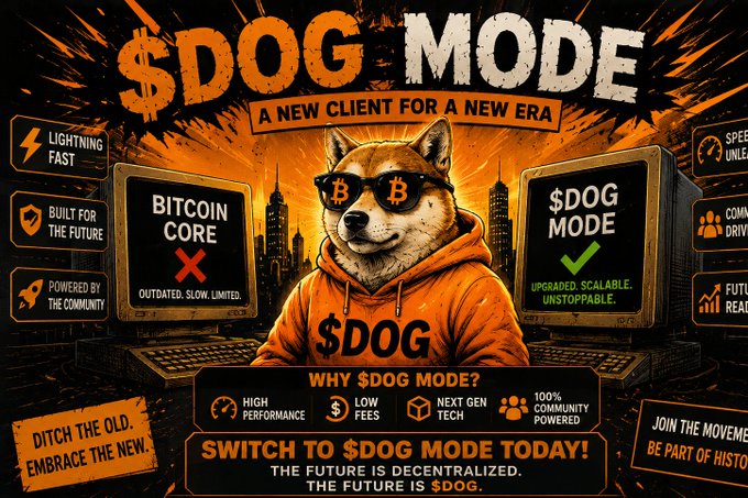 A promotional graphic titled "$DOG MODE - A NEW CLIENT FOR A NEW ERA" features a Shiba Inu dog in sunglasses and an orange hoodie, advertising features like "LIGHTNING FAST" and "BUILT FOR THE FUTURE."