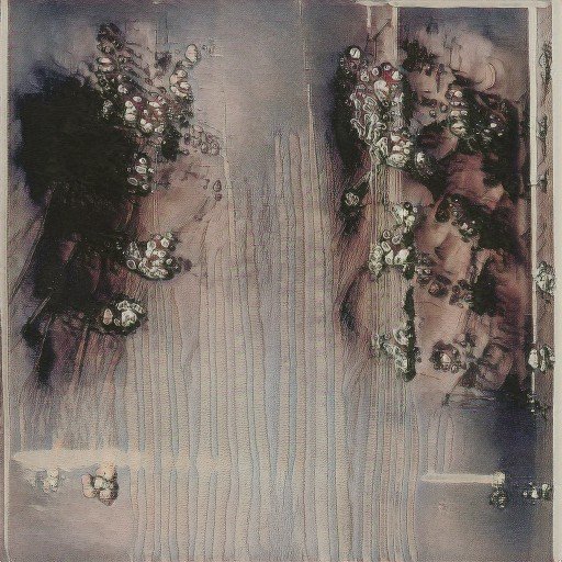 An abstract painting or mixed media artwork featuring dark purple, black, and mauve tones with bubble-like circular patterns and dripping textures.