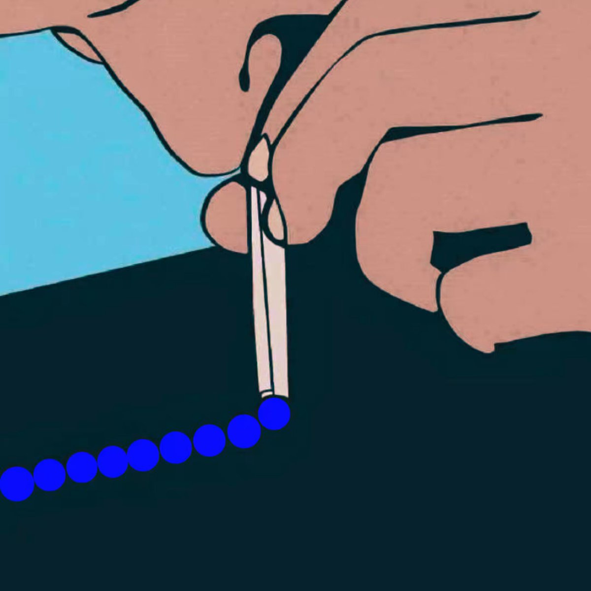 The image features a hand holding a pair of scissors, with blue beads attached to them. The scissors are positioned over a series of blue beads that are lined up in a row. The background appears to be black, providing contrast for the colorful elements within the scene.