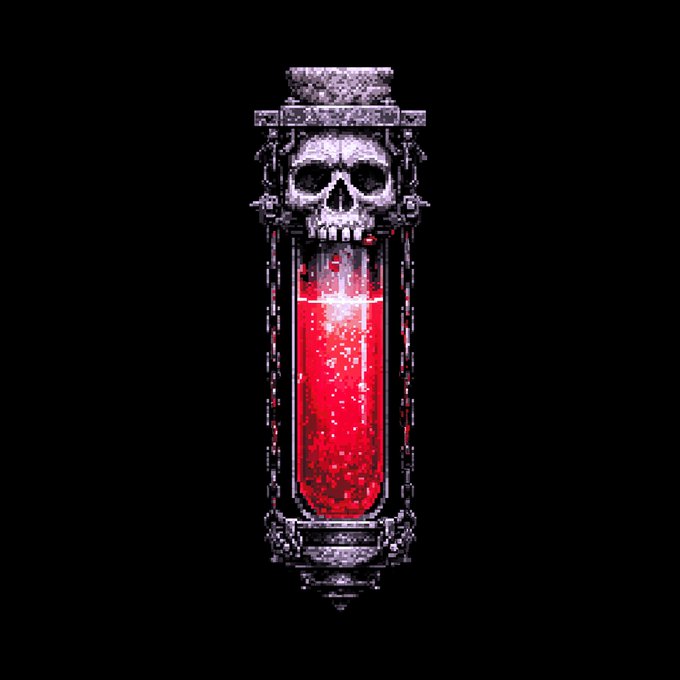 A pixel art illustration of a skull-topped container or vial filled with glowing red liquid, mounted on chains against a black background.