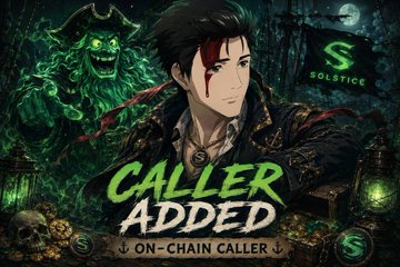 The image is a promotional graphic featuring a pirate-themed illustration with a blood-streaked character alongside a green ghostly pirate and skull motifs, overlaid with the text "CALLER ADDED," "ON-CHAIN CALLER," and the "Solstice" logo. It visually announces the addition of @The__Solstice as an on-chain caller to Dutchman's Fleet, matching the post's reveal of his new role in providing on-chain trades and opportunities to the group.