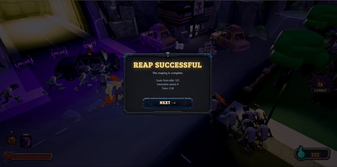 A "REAP SUCCESSFUL" screen displays after completing a reaping run with 323 kills from 326 souls, zero innocents saved, and a time of 2:50, alongside 322 remaining currency. The grim completion screen reflects the post's dark humor about ending the zombie survival run without saving any innocents despite the high kill count.