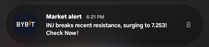 The image shows an email alert sent by the cryptocurrency exchange Binance. The email informs users about recent INJ price breaks and the surge of interest in INJ due to its potential gains in value. The message also encourages viewers to start using native INJ staking as soon as possible because it helps reduce market risk during price fluctuations.