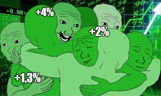 The image shows several green Wojak meme characters embracing each other happily, with each labeled with percentage gains (+4%, +2%, and +1.3%), set against a stock chart background with an upward trending arrow. This visually represents the post's commentary on BSC meme coins experiencing temporary price surges, humorously depicting the "hug" of bullish gains while the poster urges CZ to act quickly before the momentum collapses.
