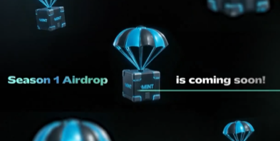 Dark blue promotional graphic showing falling parachutes with crates labeled 'MNT', announcing that 'Season 1 Airdrop is coming soon!'