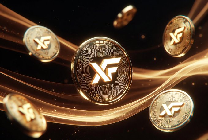 Gold coins branded "XF" float amid flowing amber streams of light, evoking the energy and value locked into consensus mechanisms. The image visually echoes the post's theme of crypto network security—whether through the power burned in PoW mining or the staked collateral locked in PoS validation.