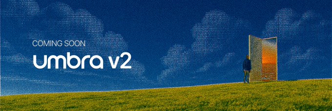 A promotional graphic announcing "COMING SOON UMBRA v2" features a silhouette of a person standing before a glowing portal door set against a deep blue sky with textured clouds and a grassy foreground. The teaser image aligns with the post's call for UMBRA token holders to reach out directly via DM, suggesting an upcoming project update.