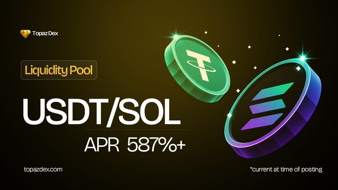 The image features a poster for an advertisement for a currency exchange or coin pool, with two coins floating above each other. The text at the bottom of the image reads "USDT/SOL pool", which informs viewers that there's a currency exchange service available on TopazDEX.com where they can stake their liquidity pools and earn rewards by adding liquid to the pool.