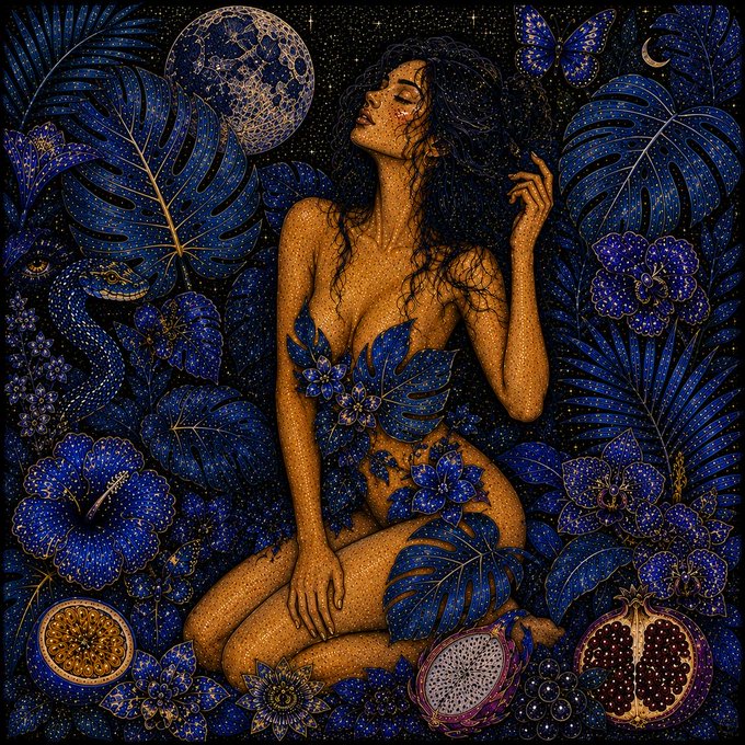 An ornate blue and gold illustration depicts a nude woman surrounded by tropical leaves, flowers, a moon, a snake, a lizard, and sliced pomegranates.