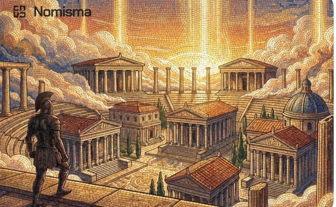 The image features an illustration of a cityscape, possibly inspired by ancient Rome or Greek mythology, with buildings and columns reminiscent of classical architecture. The sun is shining brightly over the scene, casting light and shadows that add depth and dimension to the artwork. A person can be seen standing in front of one of the buildings, likely admiring its design or contemplating the city's history. The image also contains text that reads "@Nomisma Network Nomisma" and "@XOOBNetwork Nomisma".