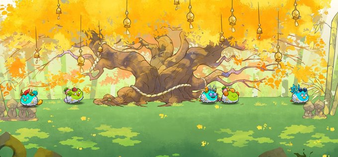 The image features an illustration of a tree with yellow leaves, surrounded by a group of cartoon animals sitting around the base of the tree. The scene appears to be set in a forest or park-like environment, with a focus on the tree as the central element.