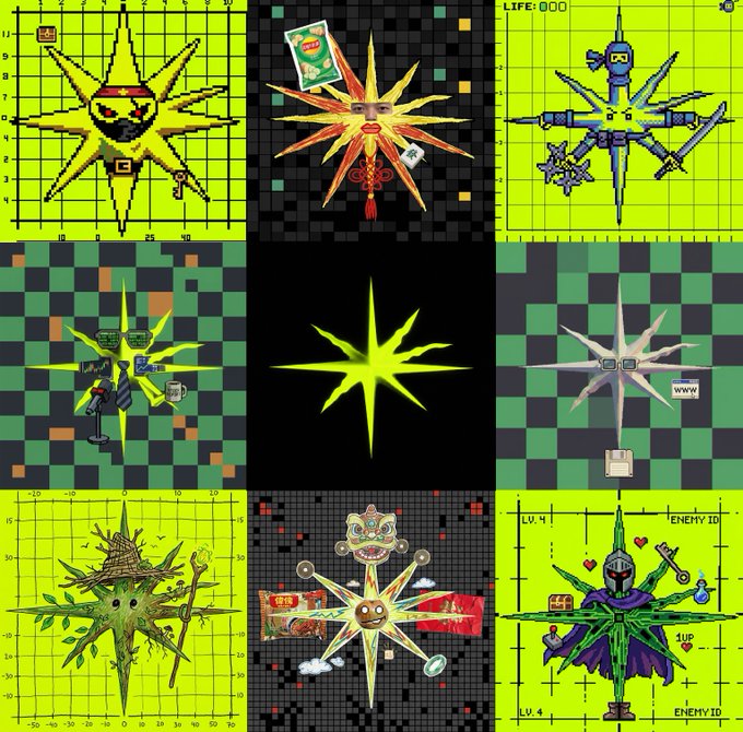 A 3x3 grid collage features various pixel-art star-shaped designs on bright green and checkered backgrounds.