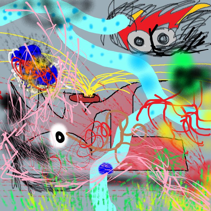 A chaotic, colorful digital abstract artwork filled with scribbled lines, splashes of paint, and cartoonish characters including a red-haired figure and a stick figure.