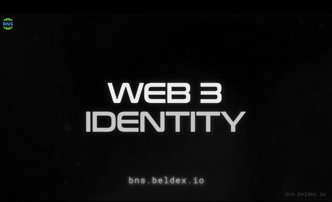 A dark promotional graphic with 'WEB 3 IDENTITY' text and 'bns.beldex.io' URL at the bottom, with a BNS logo in the top left corner.