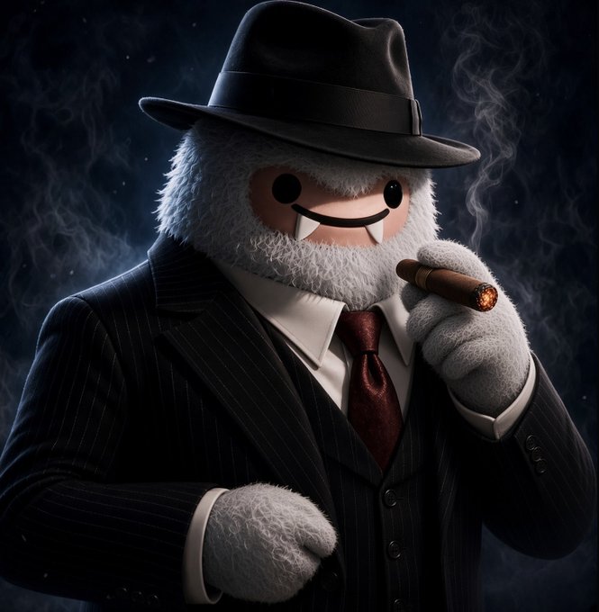 A yeti mascot dressed in a pinstripe suit and fedora smokes a cigar, projecting a sharp, dealmaker aesthetic suited to a mainnet launch announcement. The image pairs with the post about @bulktrade's completed security audit by Zellic, signaling a milestone moment for the protocol.