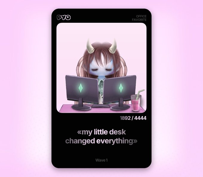 A digital Pyo card featuring a horned character slumped at two monitors, labeled "Office Favorite," numbered "1892 / 4444," from "Wave 1," with the caption "«my little desk changed everything»." The post promotes the Pyo NFT card collection, with this melancholic office image reflecting the "unhappy pyoless guys" eligible for the non-holder giveaway.