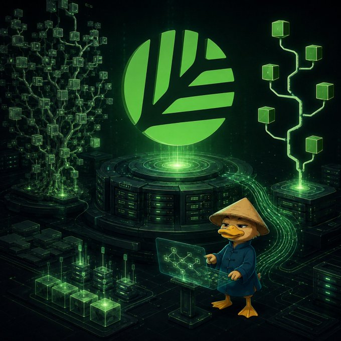 A digital illustration featuring an anthropomorphic duck wearing a conical hat and blue robe working at a futuristic terminal, with a glowing green leaf logo and network of cubes in the background.