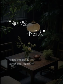 A dimly lit photo of a table with a teapot and flowers, overlaid with Chinese text including '挣小钱 不丢人' (Earning small money is not shameful).