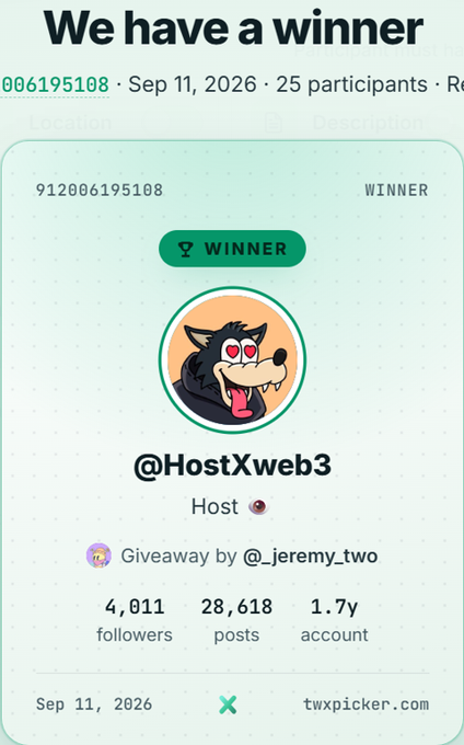 A digital announcement card displays 'We have a winner' with a cartoon wolf character for @HostXweb3, indicated as the Host of a giveaway by @_jeremy_two.