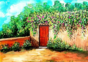 The image features a painting of an outdoor scene with a red door, surrounded by green plants and trees. The painting depicts a garden or patio area with a stone wall and a brick wall nearby. The colors used are predominantly green and brown, creating a natural and serene atmosphere.