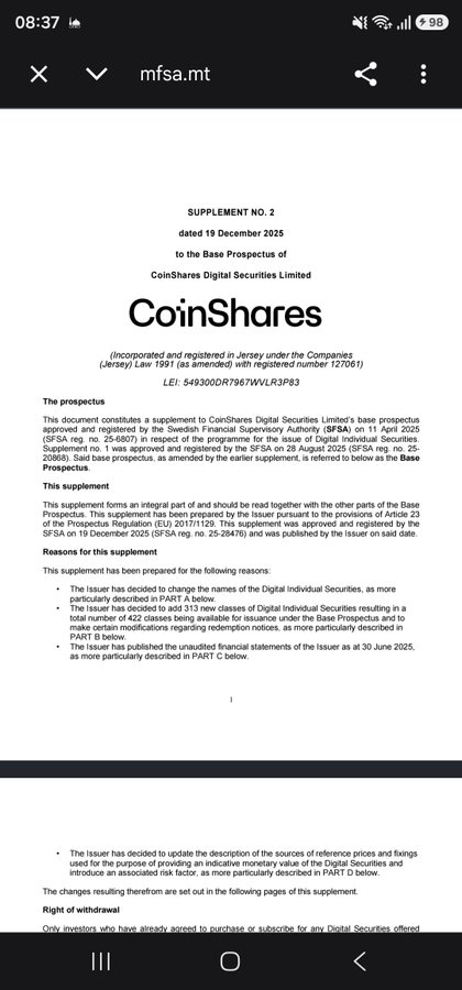 The image displays a supplement document (Supplement No. 2, dated 19 December 2025) from CoinShares Digital Securities Limited, registered in Jersey under LEI 549300DR7967WVR3PB3, published on mfsa.mt. It outlines updates to the base prospectus, including changes to Digital Individual Securities names and classes, with reference to "Class 306" and the underlying Pi asset, aligning with the post about Pi Network's institutional presence via a CoinShares ETP in regulated European finance.