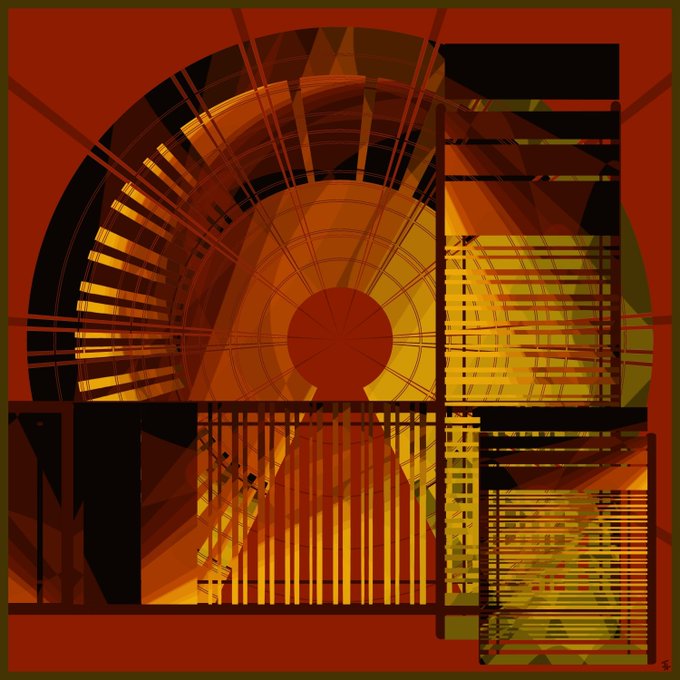 Abstract geometric artwork in warm orange, red, and yellow tones featuring a central circular motif with a red sun-like sphere surrounded by radiating lines and rectangular panels.