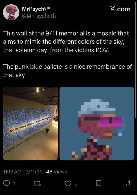 A tweet by MrPsych (@MrPsychth) on X.com commenting on the 9/11 memorial mosaic, featuring the quote 'NO DAY SHALL ERASE YOU' from the photo of the wall, alongside a pixelated profile picture.