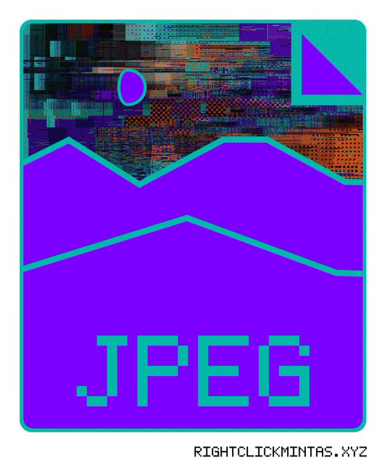 A digital artwork with a purple and teal glitch-style design showing a mountain and sun icon, with the text 'JPEG' at the bottom and 'RIGHTCLICKMINTAS.XYZ' watermark.