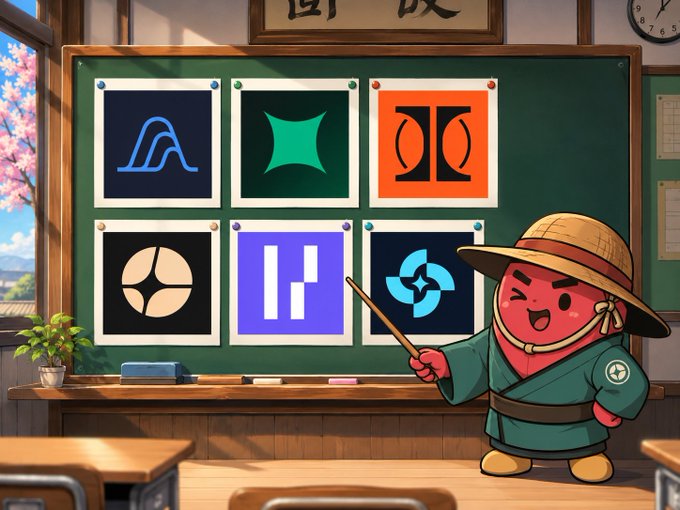 A cute cartoon character wearing a straw hat and traditional outfit stands beside a chalkboard displaying six colorful logo icons, pointing at them with a stick as if presenting them as examples. The icons resemble crypto/DeFi project logos (including what appears to be Variational's "VR" logo in orange), visually reinforcing the post's discussion of perpetual DEX airdrop projects the user is tracking, with the character acting as a cheerful guide highlighting the featured protocols.