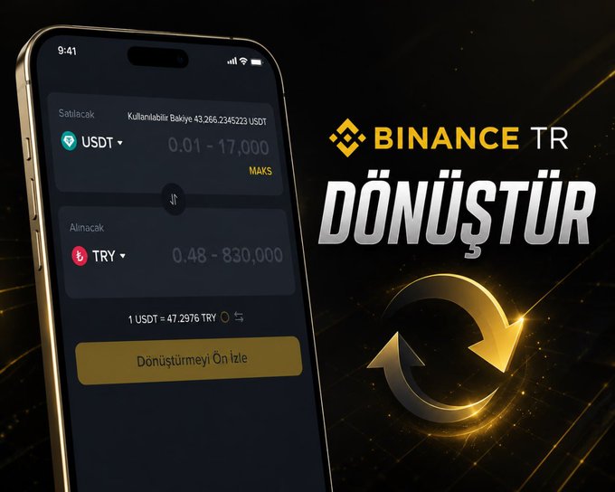 The image shows a smartphone displaying Binance TR's "Convert" (Dönüştür) feature, with a USDT to TRY exchange interface showing a rate of 1 USDT = 47.2976 TRY, alongside the Binance TR logo and golden circular arrow graphics symbolizing currency conversion. This visually reinforces the post's message about how Binance TR's Convert tool simplifies fast crypto-to-fiat transactions, eliminating the complexity of traditional trading in volatile markets.