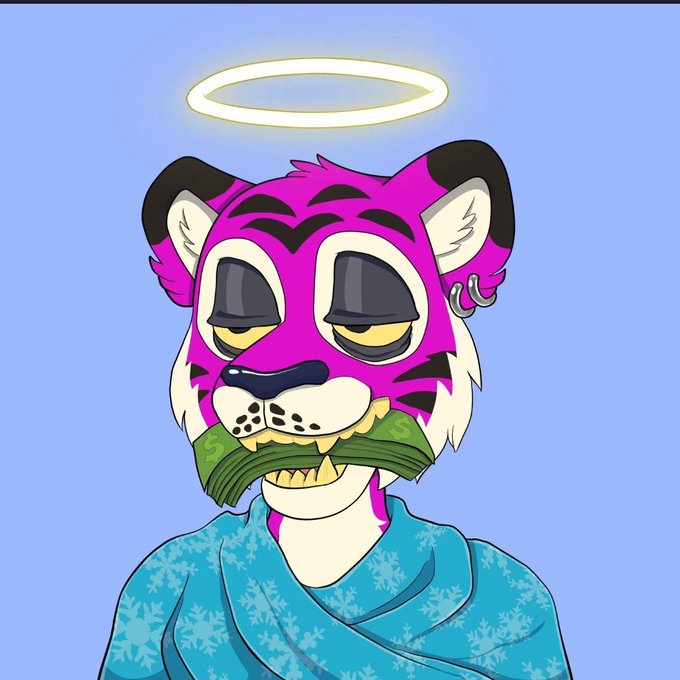 A digital illustration of an anthropomorphic pink tiger character with a golden halo, holding a green dollar bill in its mouth and wearing a blue floral-patterned robe against a light blue background.