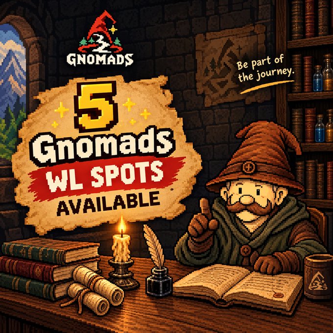 A pixel art promotional graphic for 'Gnomads' featuring a wizard gnome at a desk with books and a candle, advertising '5 Gnomads WL SPOTS AVAILABLE' with the tagline 'Be part of the journey.'
