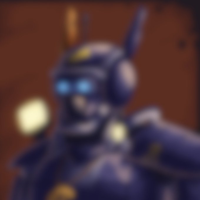 Blurry close-up of a robotic or armored figure with glowing blue eyes and ear-like protrusions against a dark background.