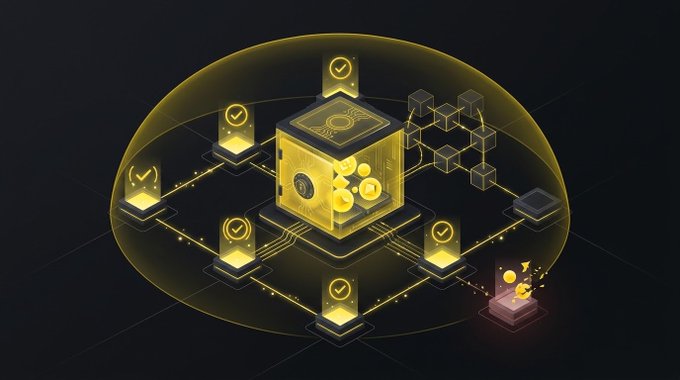 An isometric digital illustration showing a glowing yellow cube containing coins and a dollar sign, connected by circuit lines to surrounding checkmark nodes and a red failing node, representing a blockchain or crypto network.