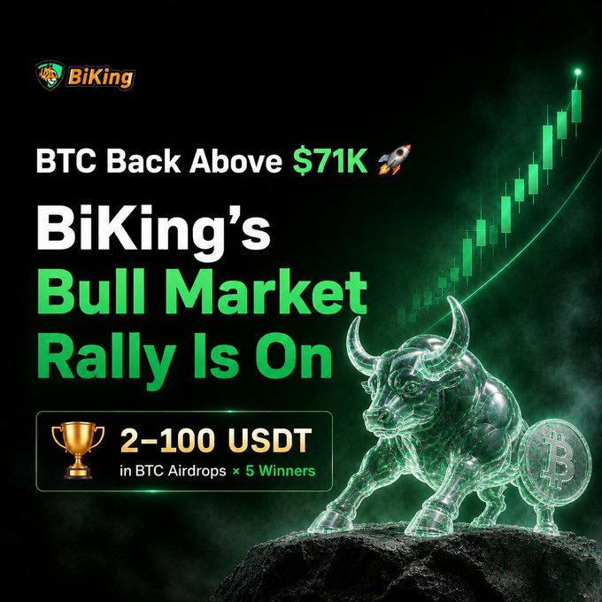 A promotional graphic for BiKing featuring a holographic bull statue with a Bitcoin coin, alongside text reading 'BTC Back Above $71K', 'BiKing's Bull Market Rally Is On', and a giveaway of '2-100 USDT in BTC Airdrops x 5 Winners'.