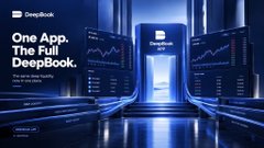 A promotional advertisement for a 'DeepBook' titled 'One App. The Full DeepBook,' displaying a futuristic blue-toned interface with financial charts and trading information.