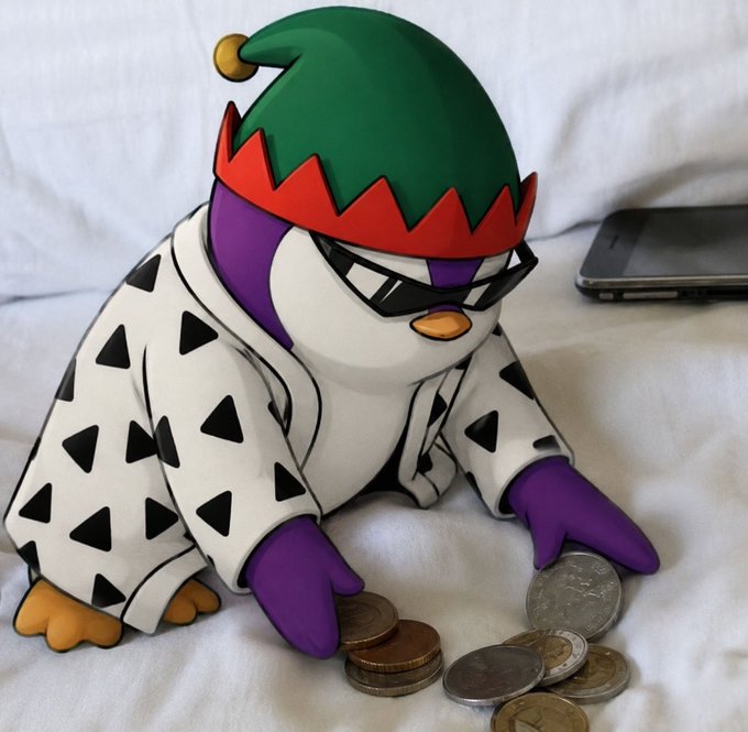 A plush penguin wearing sunglasses, a green elf hat, and a black-and-white triangle-patterned robe sits on a bed surrounded by scattered coins. The image humorously depicts the penguin collecting real coins, mirroring the post's playful concept of exchanging regular money for Hyperliquid (HYPE) tokens.