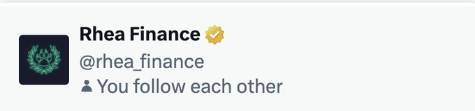 A Twitter/X profile header for 'Rhea Finance' (@rhea_finance) showing a verified badge and 'You follow each other' indicator.