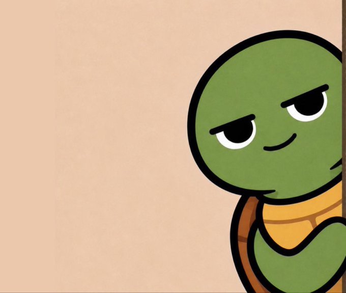 A cartoon illustration of a green turtle-like character with half-closed eyes and a smirk peeking out from behind a wall on the right side of the frame.