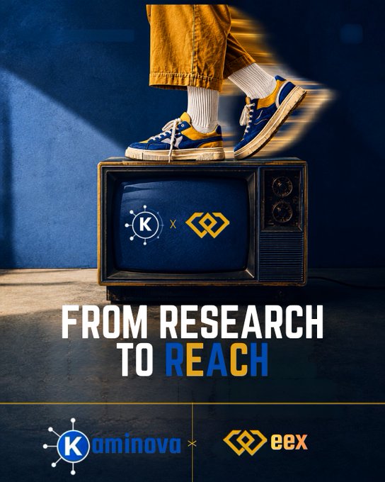 Promotional graphic showing feet in blue and yellow sneakers standing on a vintage television, with text 'FROM RESEARCH TO REACH' and logos for Kaminova and eex.